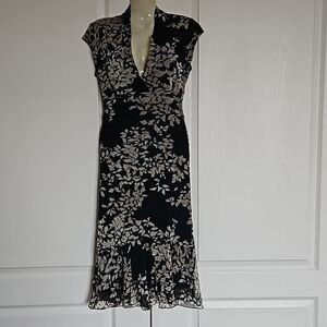 Le Chateau Floral Asymmetric Hem Midi Dress Small Black/ Gray